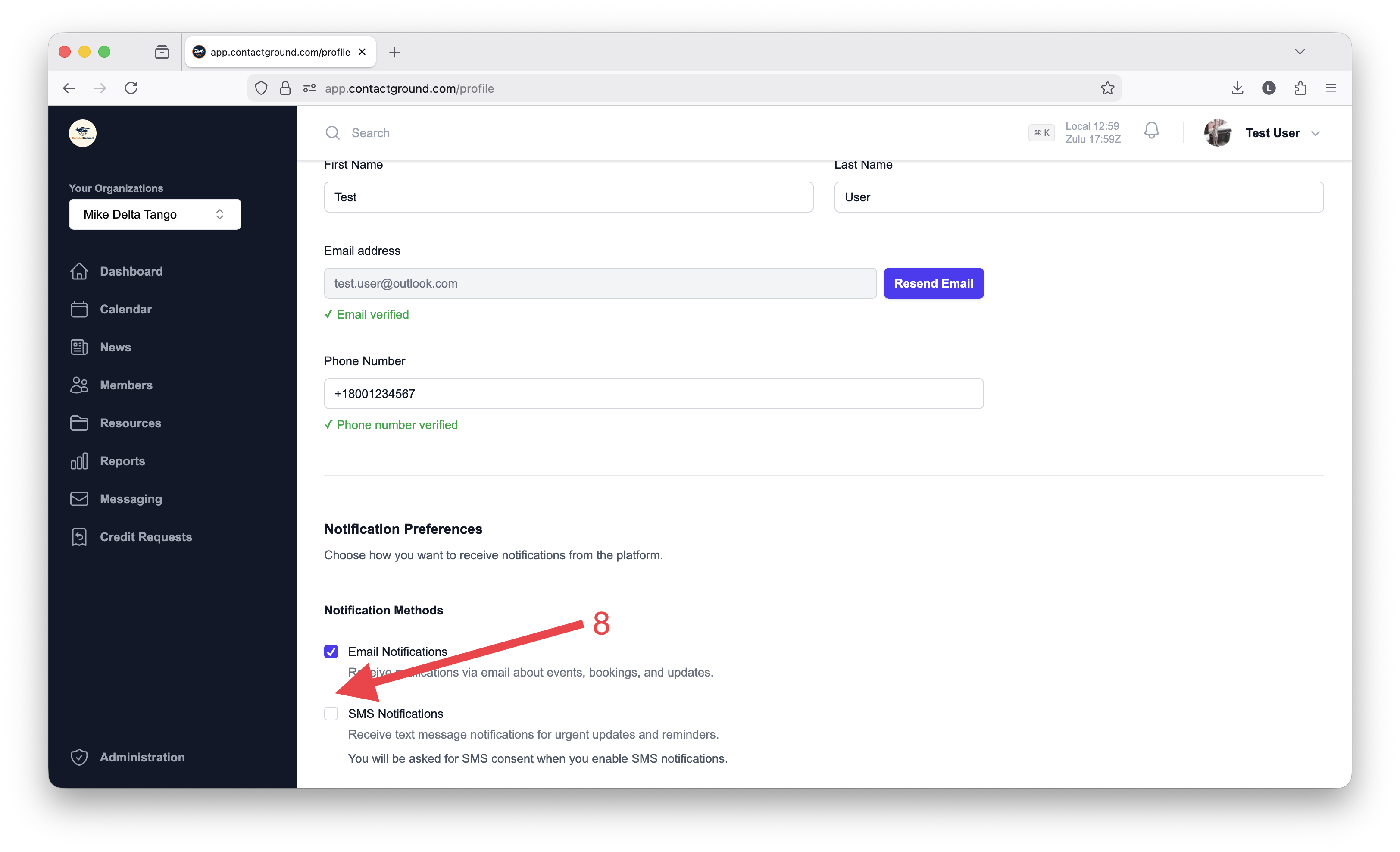 Enable SMS Notifications checkbox