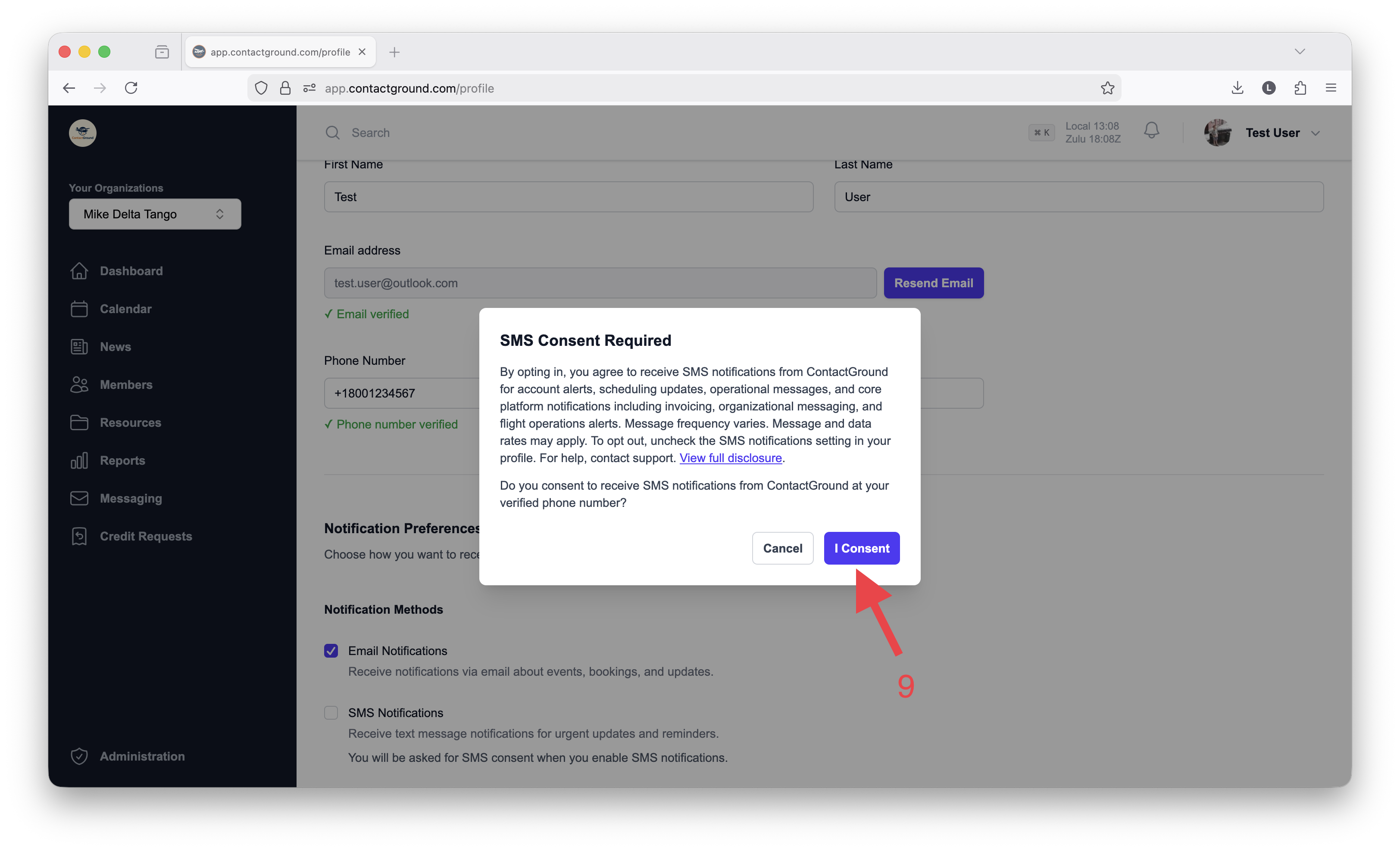 Contact Ground SMS consent dialog showing disclosure text and I Consent button