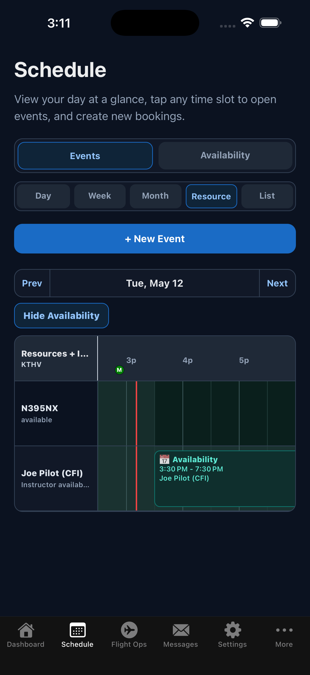 Contact Ground mobile instructor availability schedule screenshot
