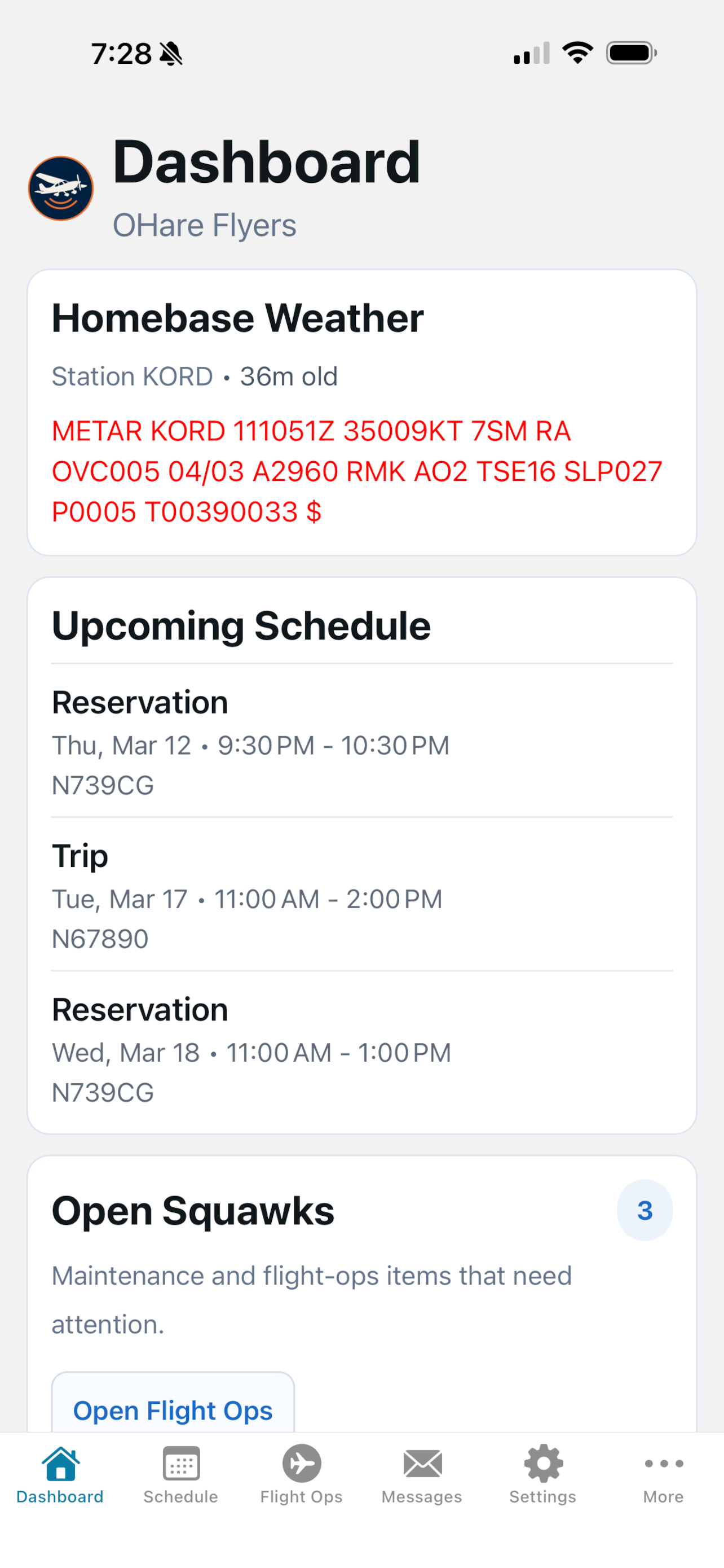 Contact Ground iPhone dashboard with club activity overview