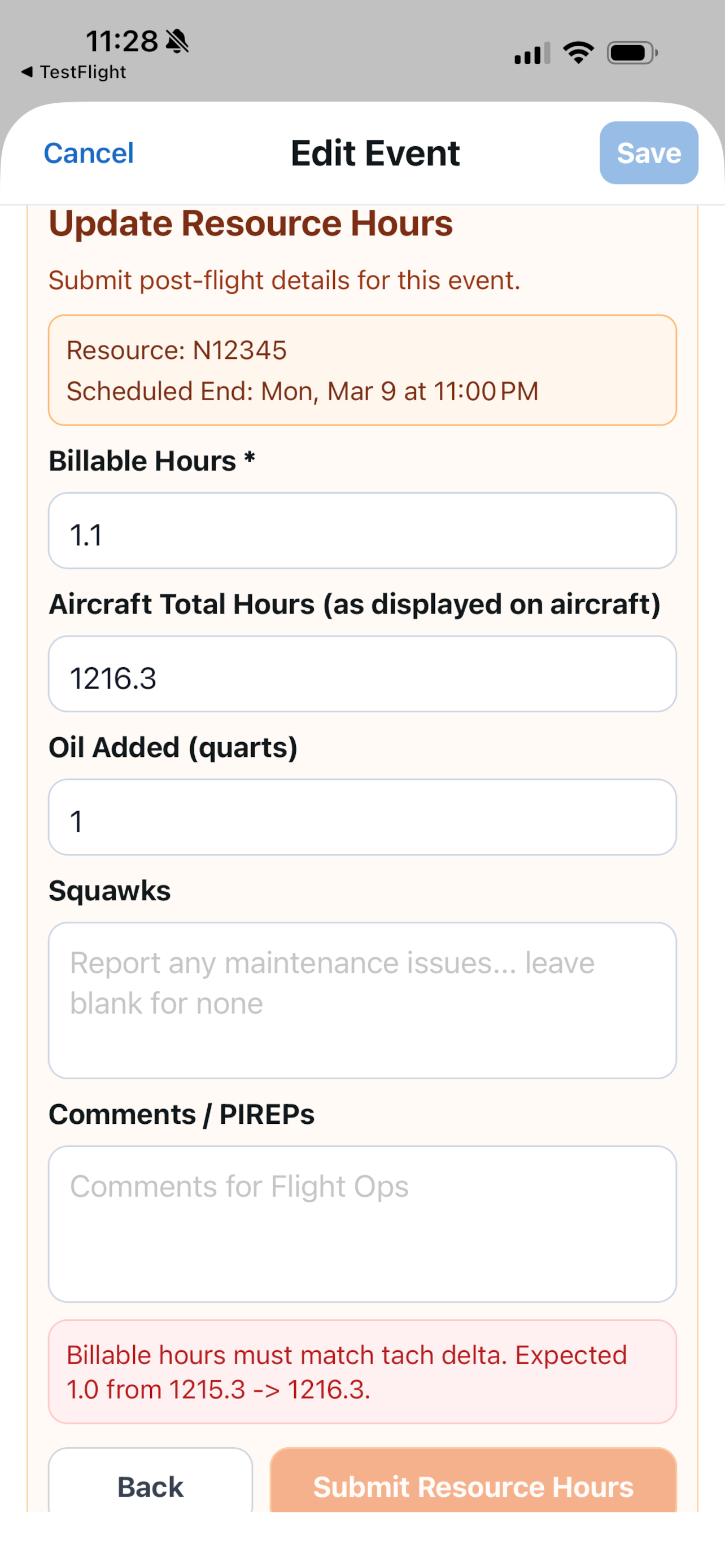 Contact Ground iPhone flight hours summary screen
