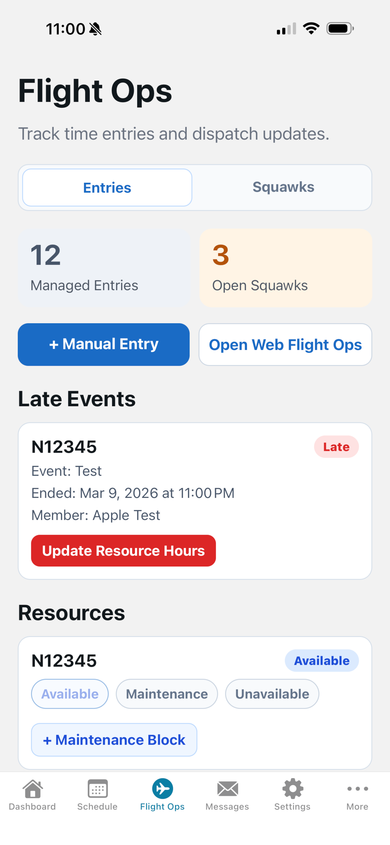 Contact Ground iPhone flight operations screen with active flight details