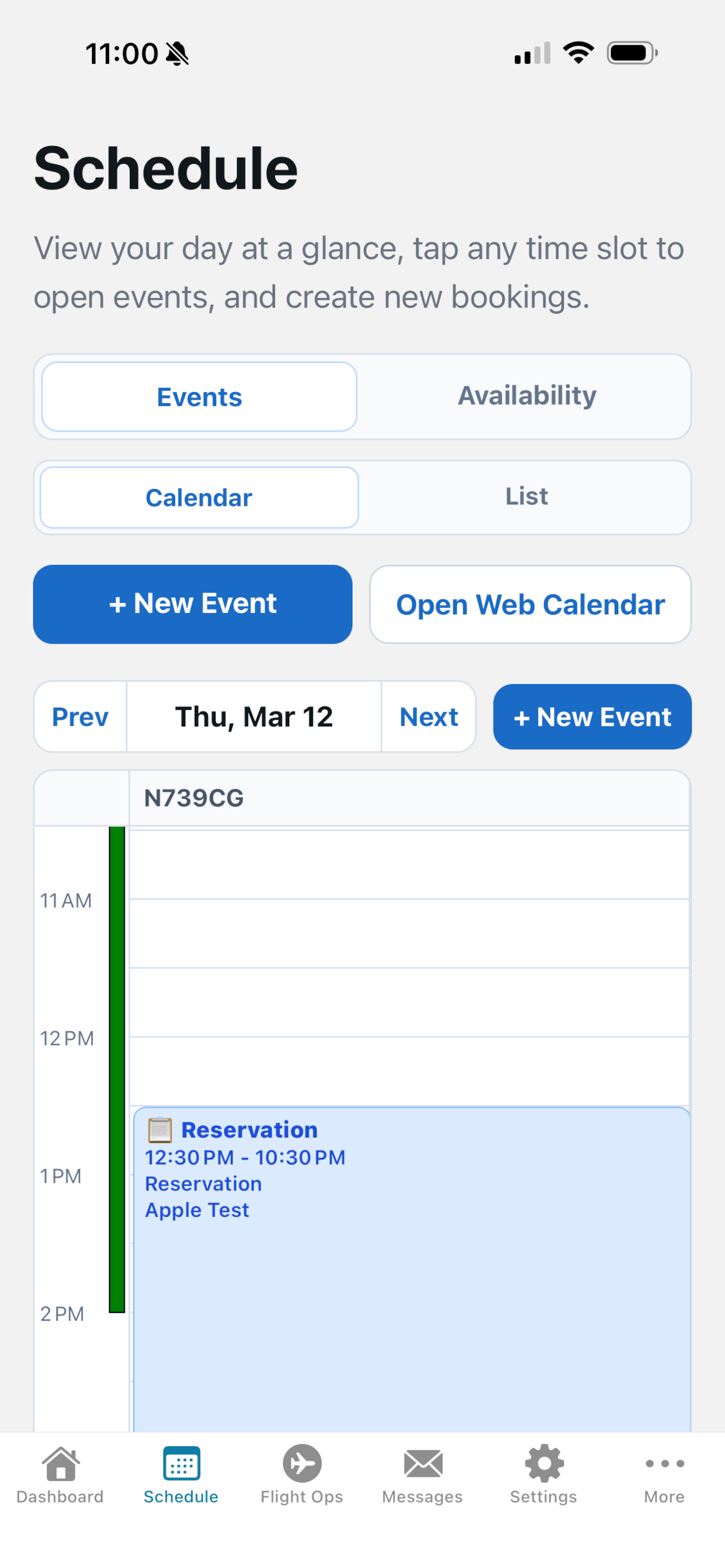 Contact Ground iPhone schedule view for aircraft reservations
